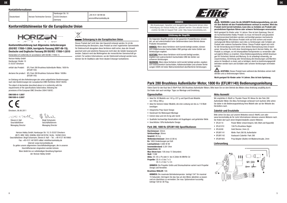 Konformitätshinweise für die europäische union | E-flite Park 280 Brushless Outrunner Motor, 1800Kv User Manual | Page 3 / 8