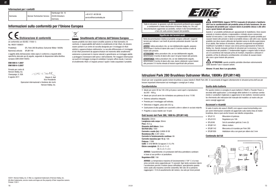 Informazioni sulla conformità per l’unione europea | E-flite Park 280 Brushless Outrunner Motor, 1800Kv User Manual | Page 7 / 8