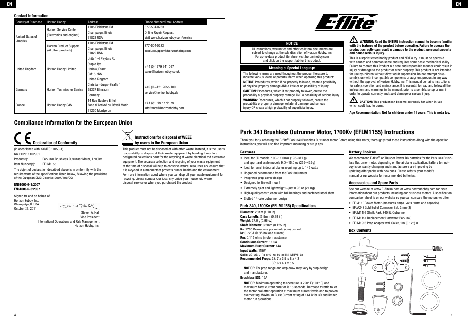E-flite Park 340 Brushless Outrunner Motor, 1700Kv User Manual | 8 pages