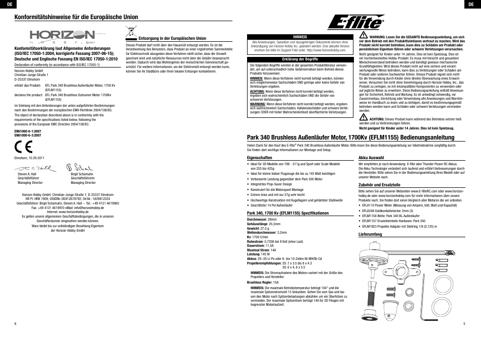 Konformitätshinweise für die europäische union | E-flite Park 340 Brushless Outrunner Motor, 1700Kv User Manual | Page 3 / 8