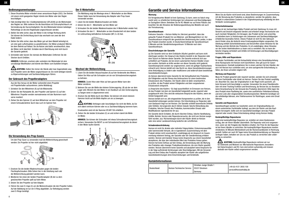 Garantie und service informationen | E-flite Park 340 Brushless Outrunner Motor, 1700Kv User Manual | Page 4 / 8