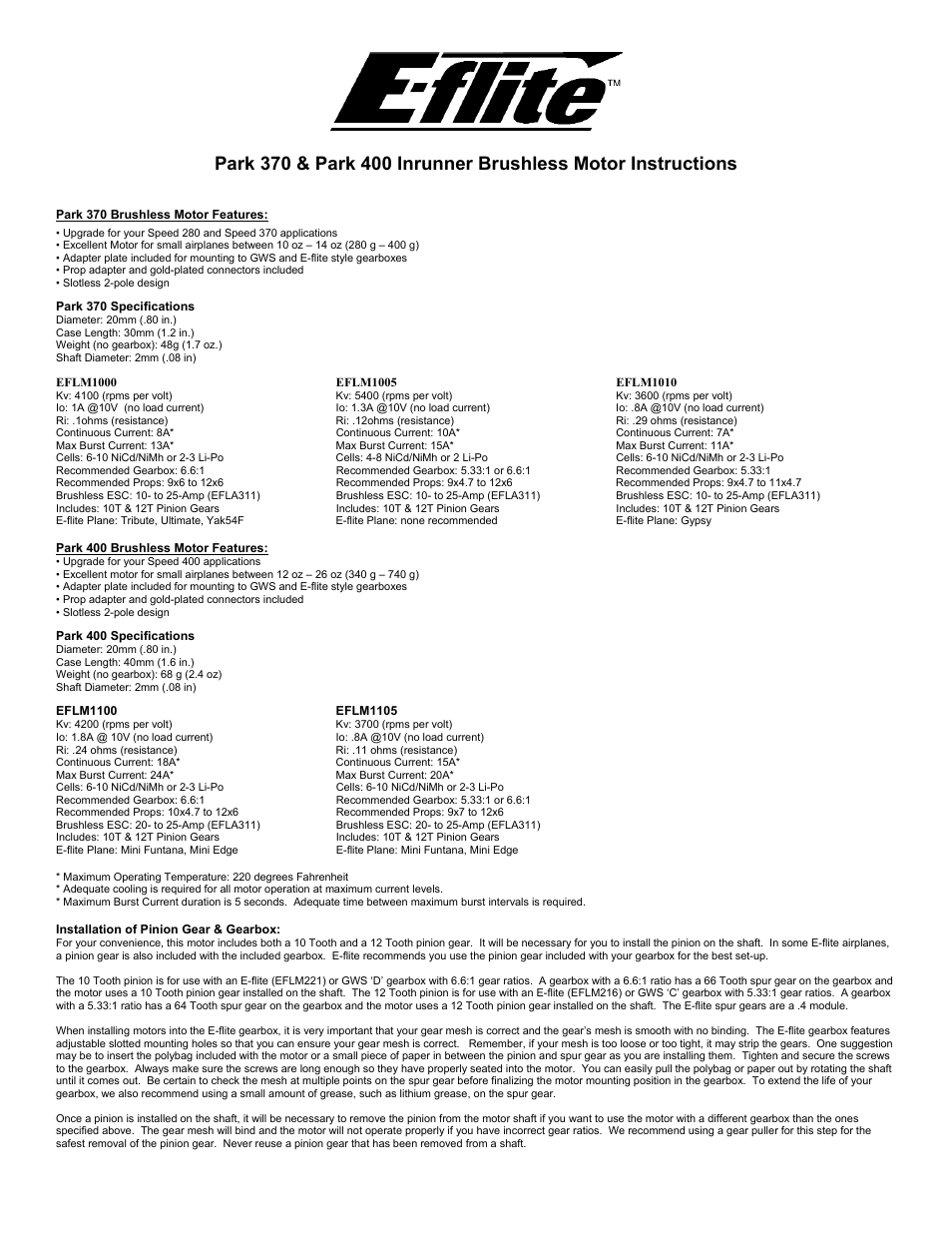 E-flite Park 400 Brushless Inrunner Motor, 4200Kv User Manual | 2 pages