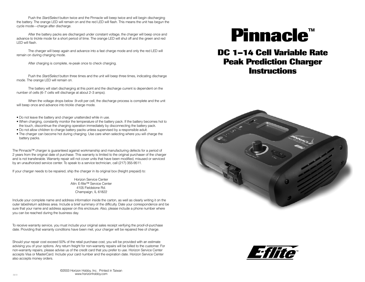 E-flite Pinnacle DC 1-14C Peak Charger with LCD User Manual | 2 pages