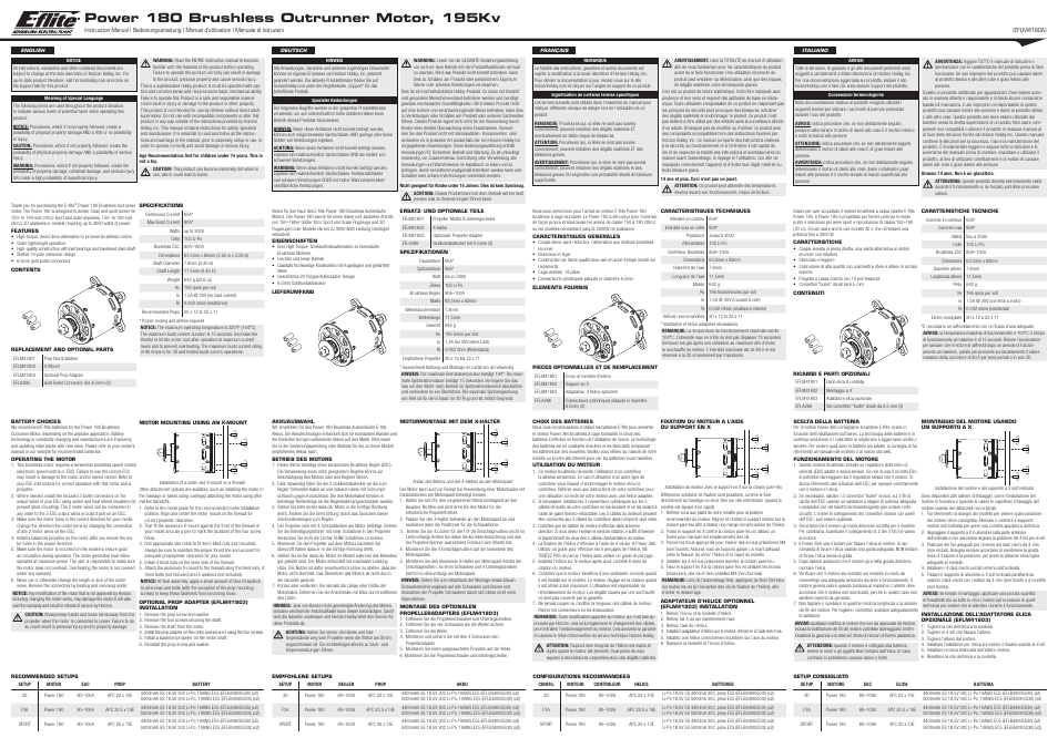 E-flite Power 180 Brushless Outrunner Motor, 195Kv User Manual | 2 pages