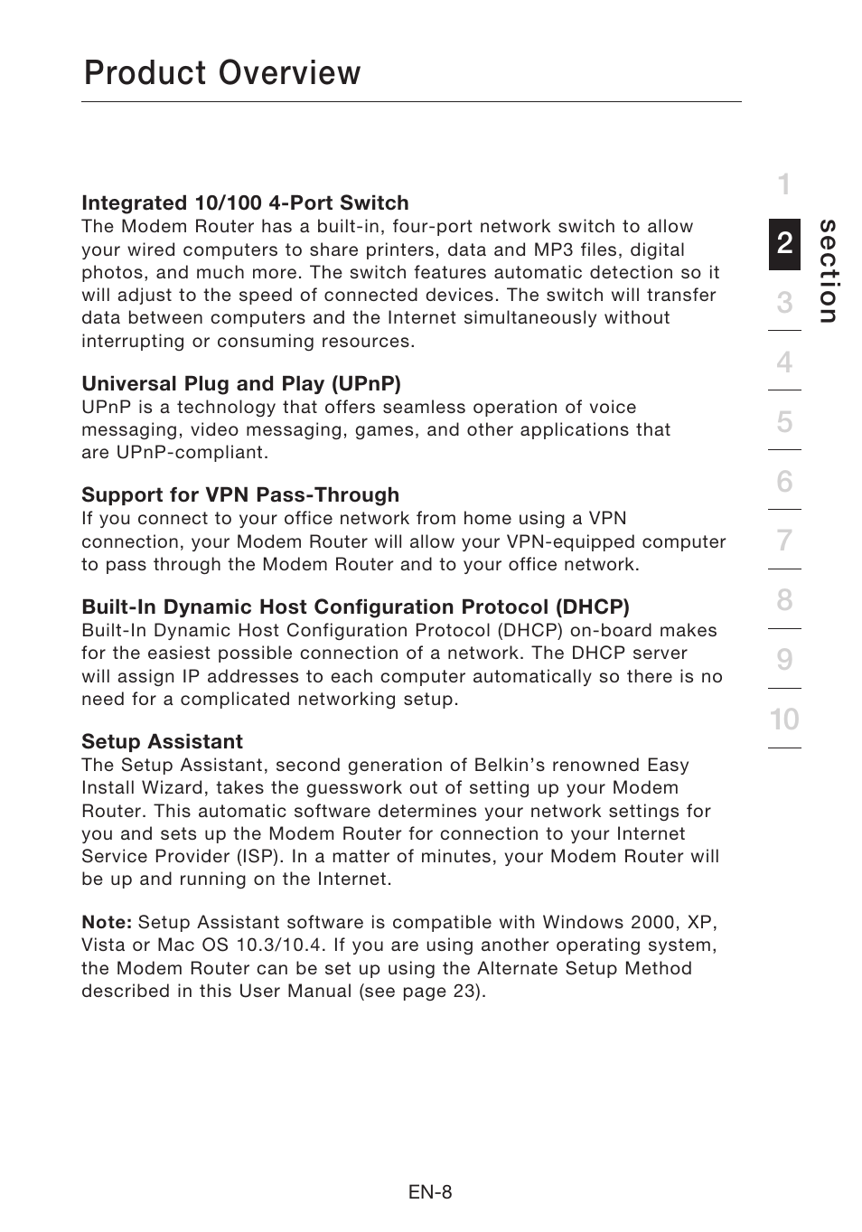 Product overview, Se c tio n | Belkin N1 Wireless Modem Router F5D8631-4 User Manual | Page 10 / 102