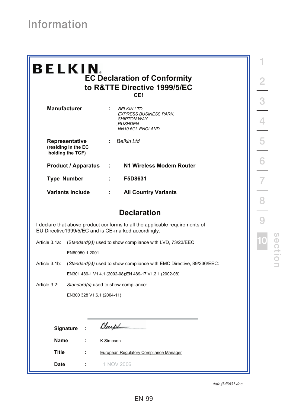 Information, Se c tio n, Declaration | Belkin N1 Wireless Modem Router F5D8631-4 User Manual | Page 101 / 102