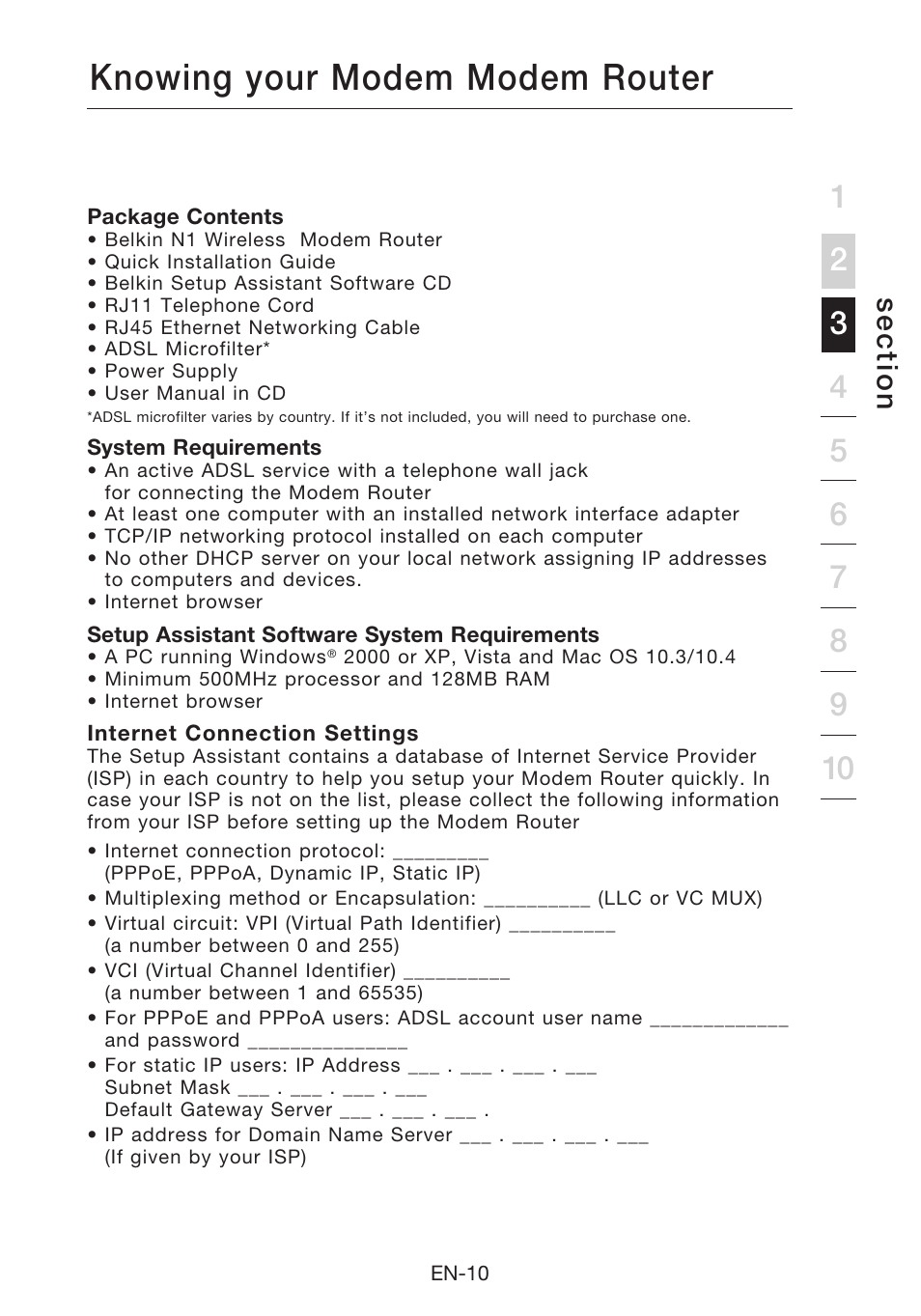 Knowing your modem modem router, Se c tio n | Belkin N1 Wireless Modem Router F5D8631-4 User Manual | Page 12 / 102