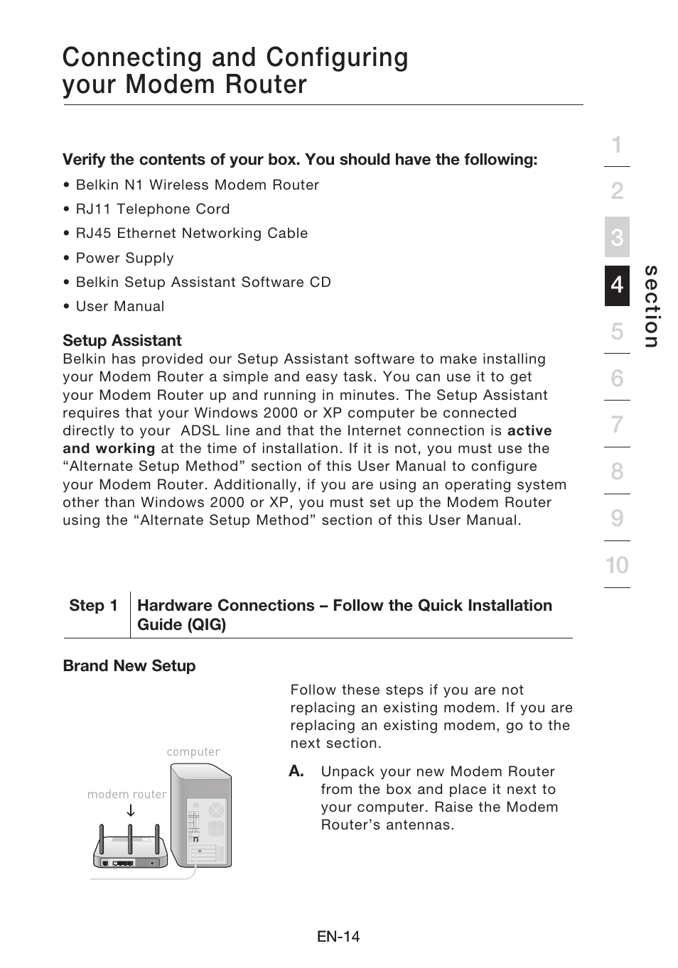 Connecting and configuring your modem router, Se c tio n | Belkin N1 Wireless Modem Router F5D8631-4 User Manual | Page 16 / 102