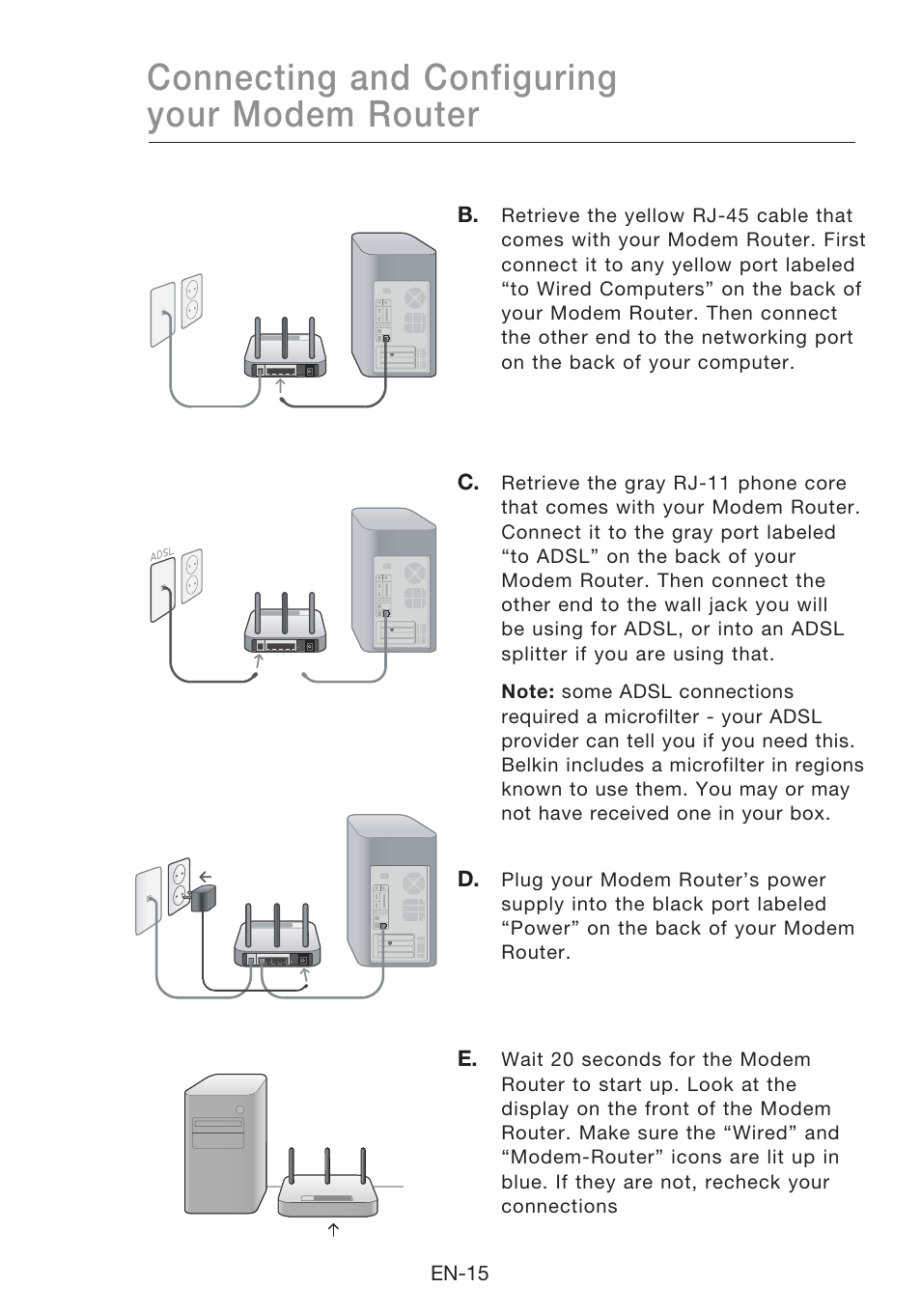 Connecting and configuring your modem router | Belkin N1 Wireless Modem Router F5D8631-4 User Manual | Page 17 / 102