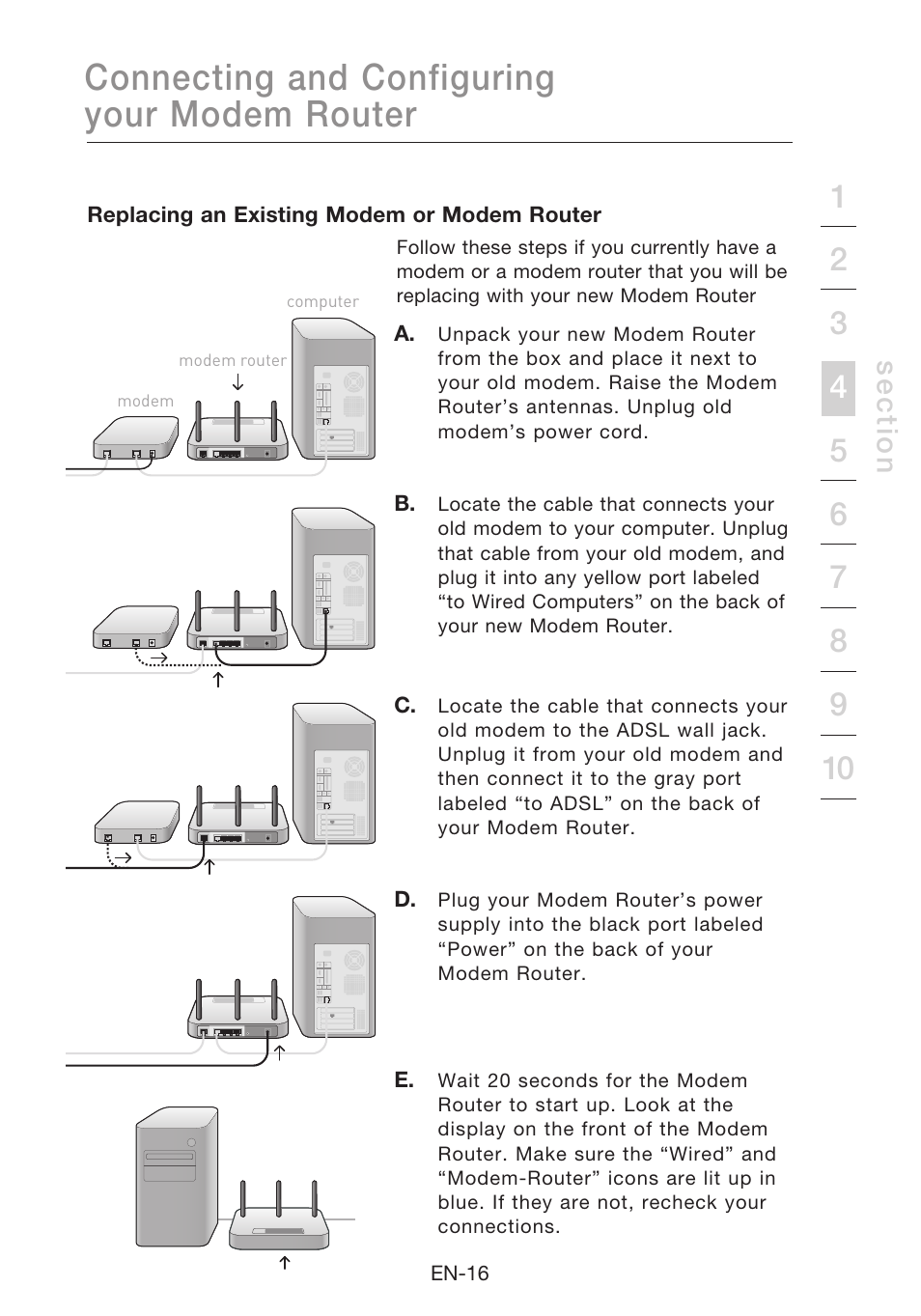 Connecting and configuring your modem router, Se c tio n | Belkin N1 Wireless Modem Router F5D8631-4 User Manual | Page 18 / 102