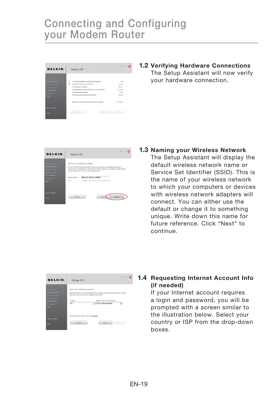 Connecting and configuring your modem router | Belkin N1 Wireless Modem Router F5D8631-4 User Manual | Page 21 / 102
