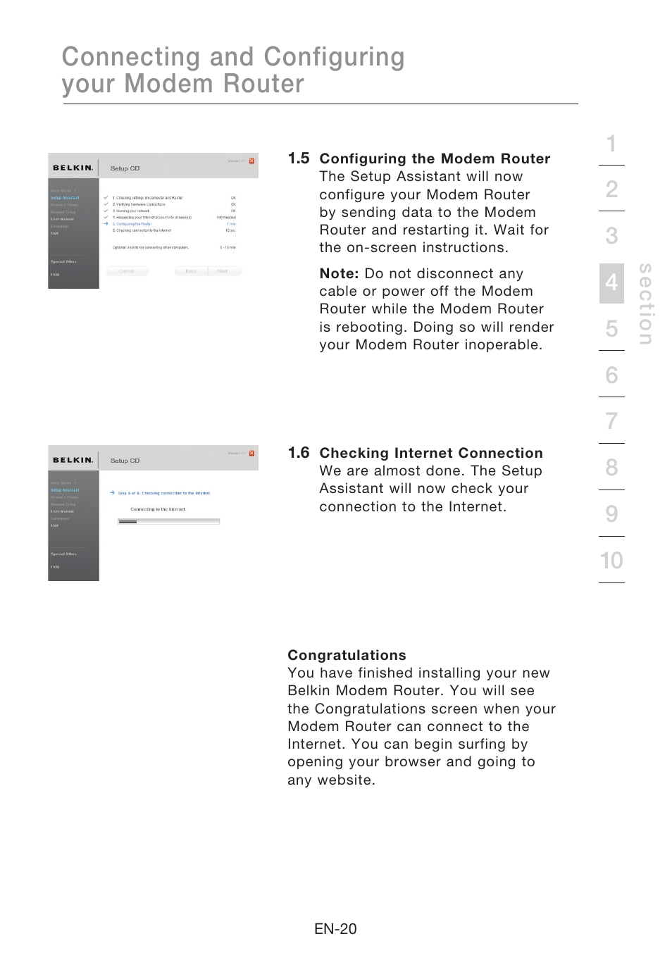 Connecting and configuring your modem router | Belkin N1 Wireless Modem Router F5D8631-4 User Manual | Page 22 / 102