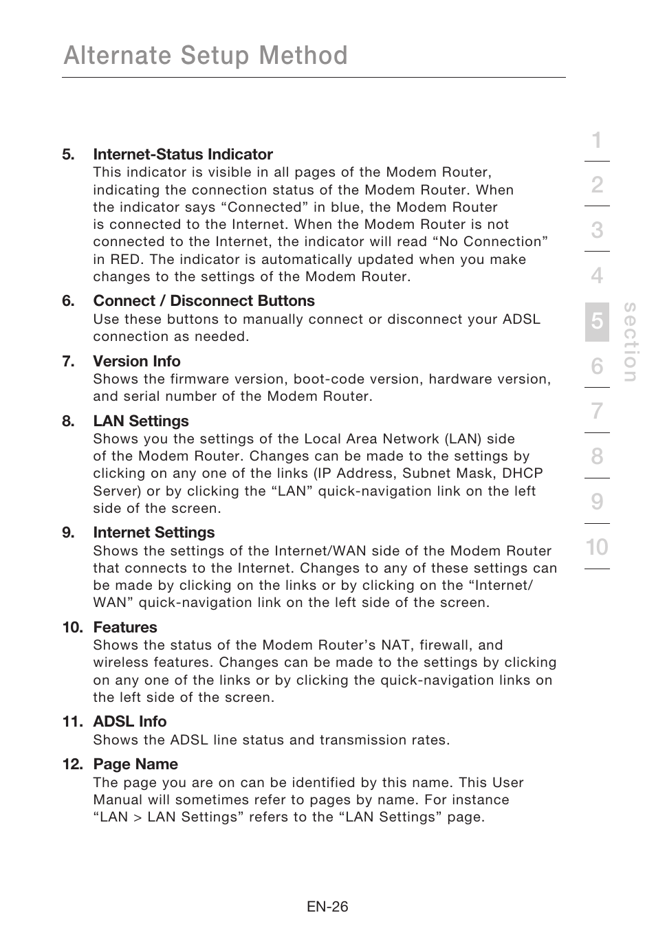 Alternate setup method, Se c tio n | Belkin N1 Wireless Modem Router F5D8631-4 User Manual | Page 28 / 102