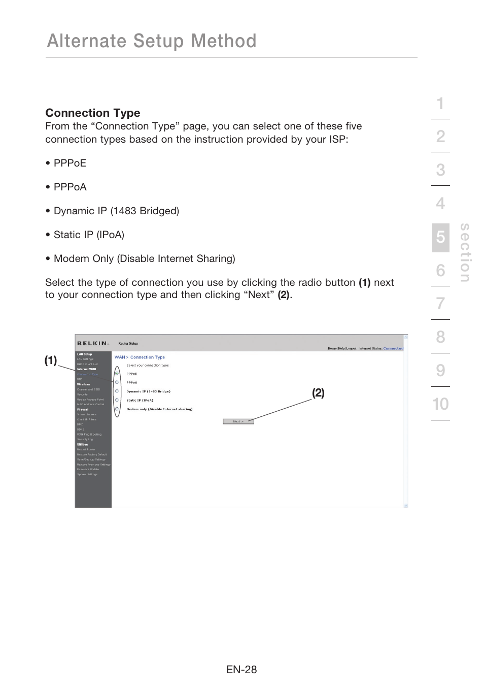 Alternate setup method, Se c tio n | Belkin N1 Wireless Modem Router F5D8631-4 User Manual | Page 30 / 102