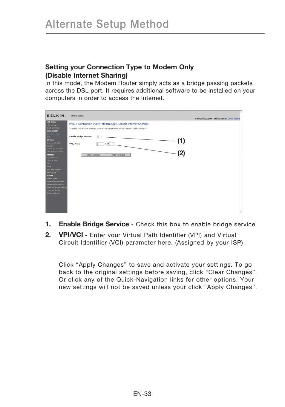 Alternate setup method | Belkin N1 Wireless Modem Router F5D8631-4 User Manual | Page 35 / 102