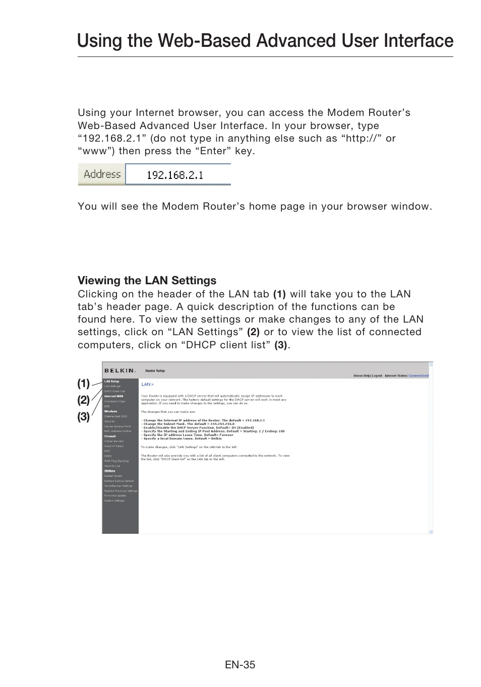 Using the web-based advanced user interface | Belkin N1 Wireless Modem Router F5D8631-4 User Manual | Page 37 / 102