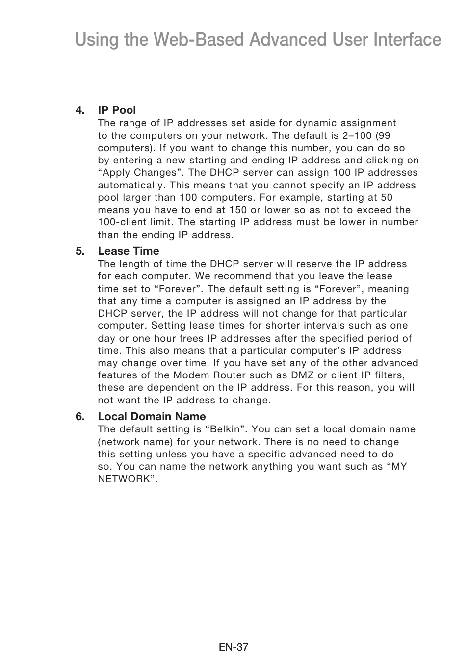 Using the web-based advanced user interface | Belkin N1 Wireless Modem Router F5D8631-4 User Manual | Page 39 / 102