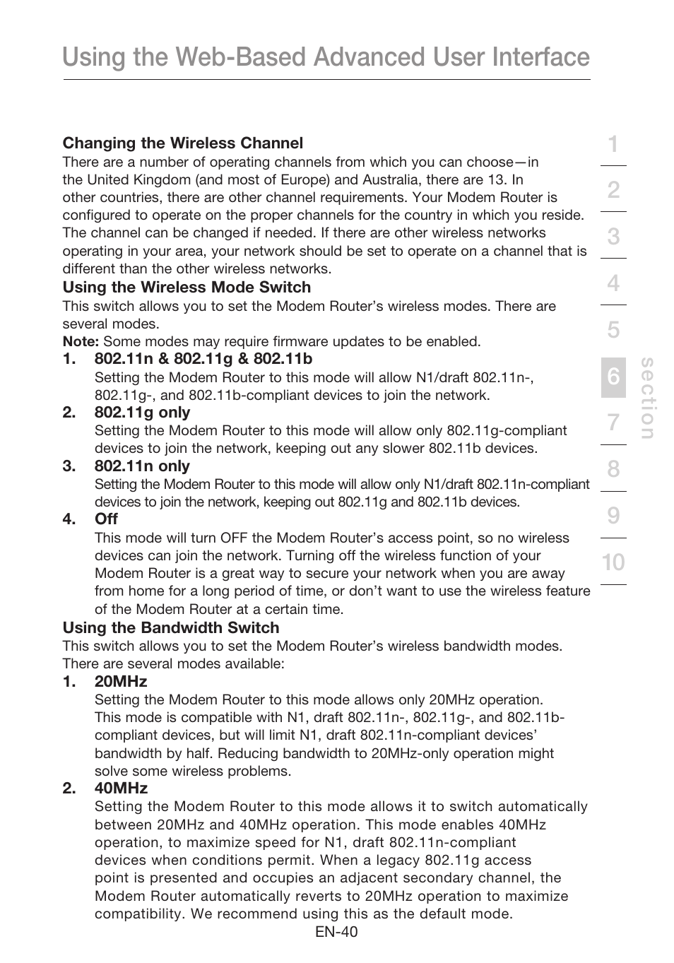 Using the web-based advanced user interface, Se c tio n | Belkin N1 Wireless Modem Router F5D8631-4 User Manual | Page 42 / 102