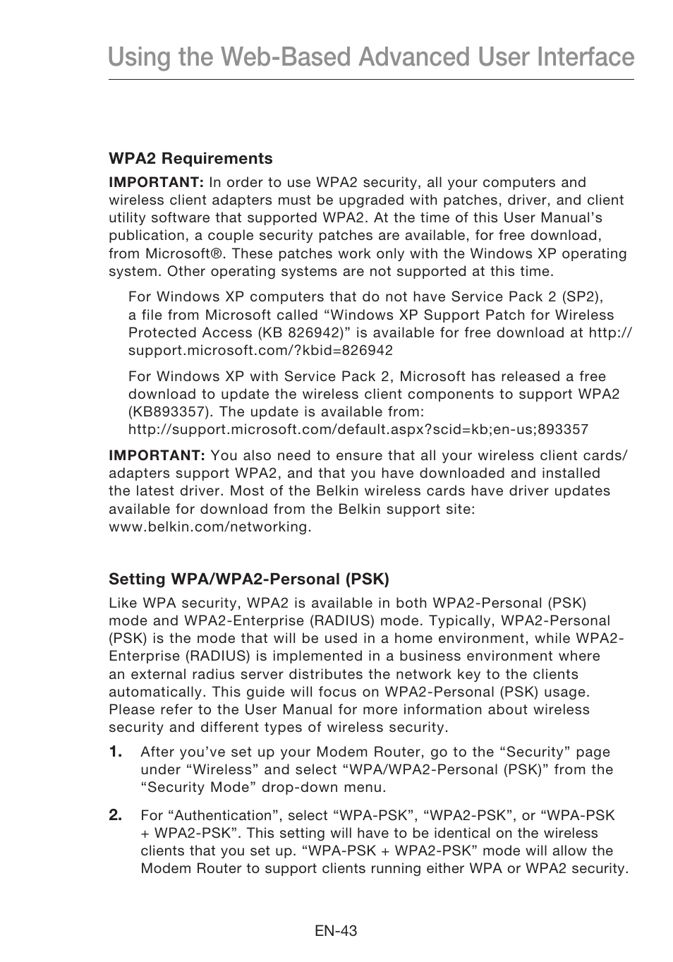 Using the web-based advanced user interface | Belkin N1 Wireless Modem Router F5D8631-4 User Manual | Page 45 / 102