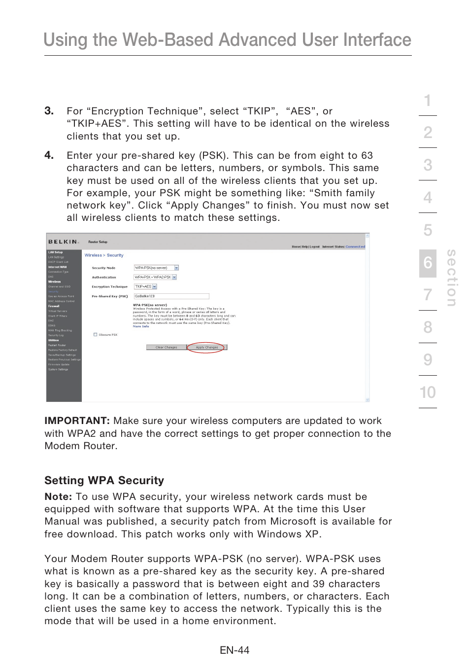 Using the web-based advanced user interface | Belkin N1 Wireless Modem Router F5D8631-4 User Manual | Page 46 / 102