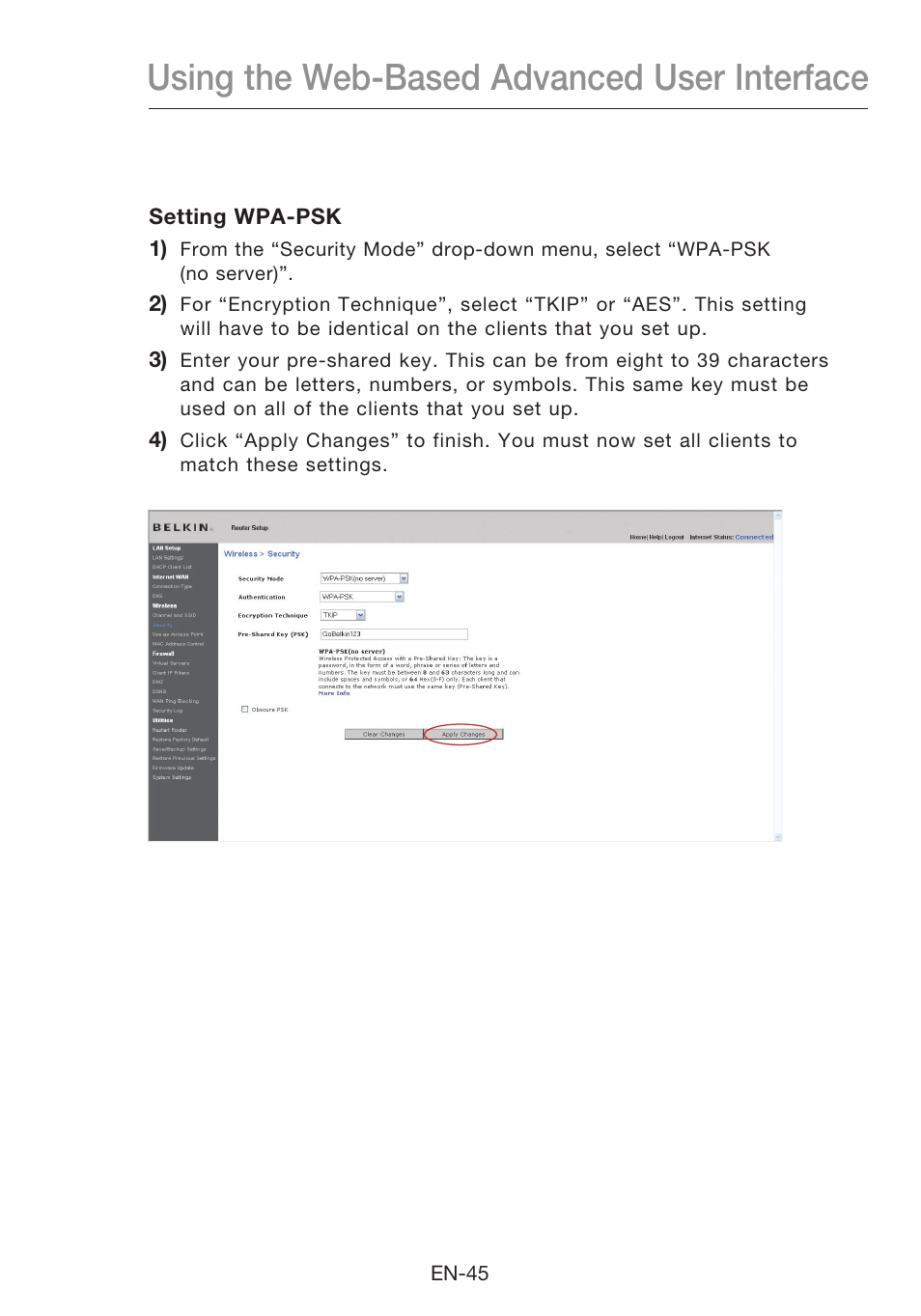 Using the web-based advanced user interface | Belkin N1 Wireless Modem Router F5D8631-4 User Manual | Page 47 / 102