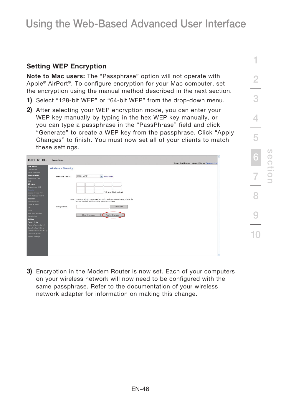 Using the web-based advanced user interface, Se c tio n | Belkin N1 Wireless Modem Router F5D8631-4 User Manual | Page 48 / 102