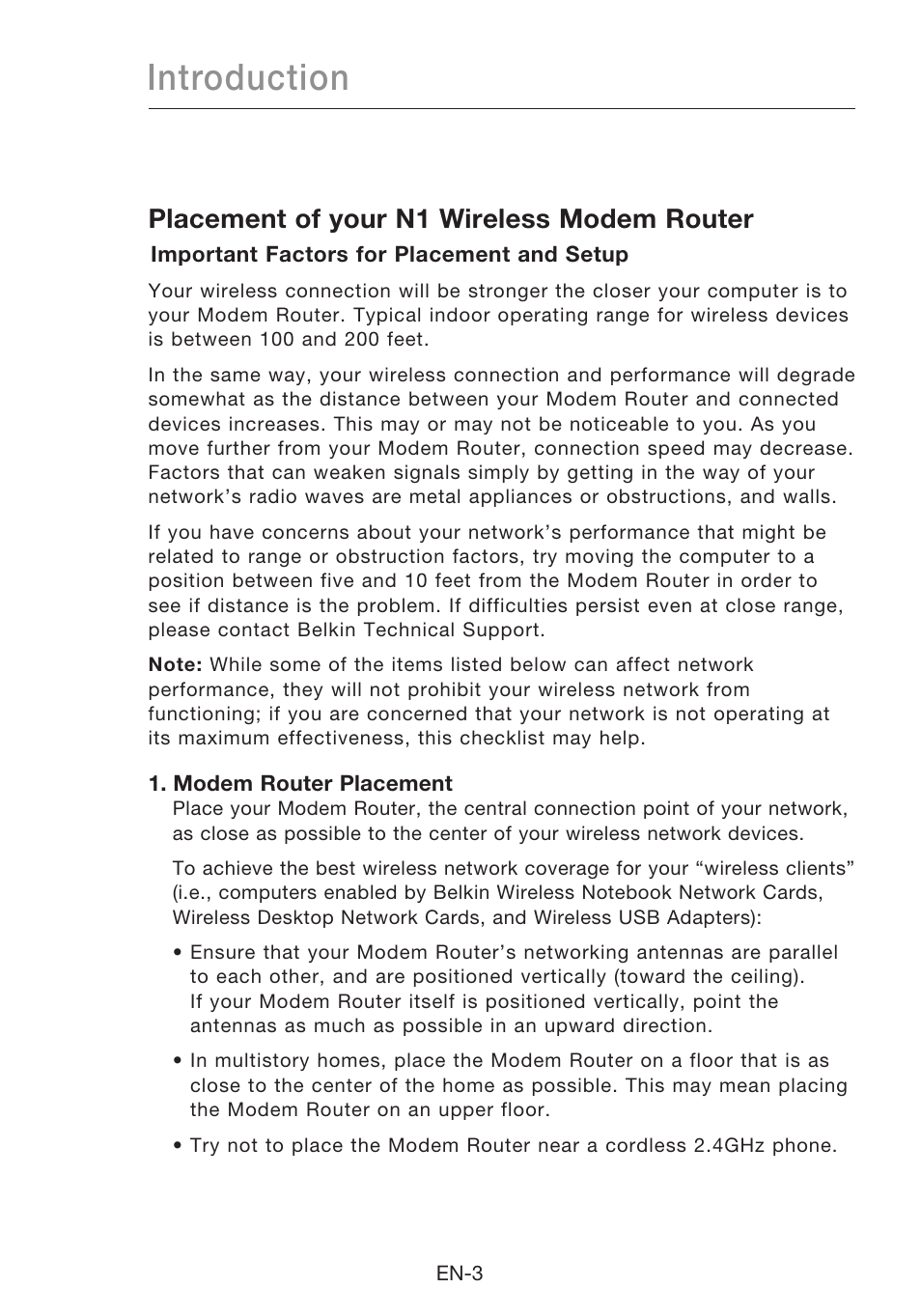 Introduction, Placement of your n1 wireless modem router | Belkin N1 Wireless Modem Router F5D8631-4 User Manual | Page 5 / 102