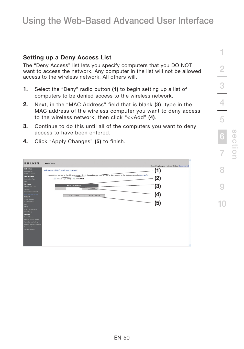 Using the web-based advanced user interface, Se c tio n | Belkin N1 Wireless Modem Router F5D8631-4 User Manual | Page 52 / 102