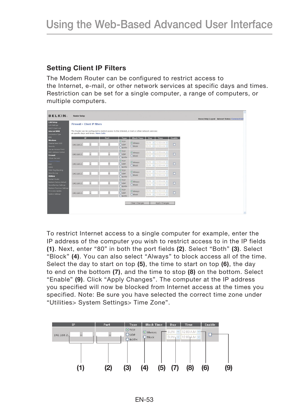 Using the web-based advanced user interface | Belkin N1 Wireless Modem Router F5D8631-4 User Manual | Page 55 / 102