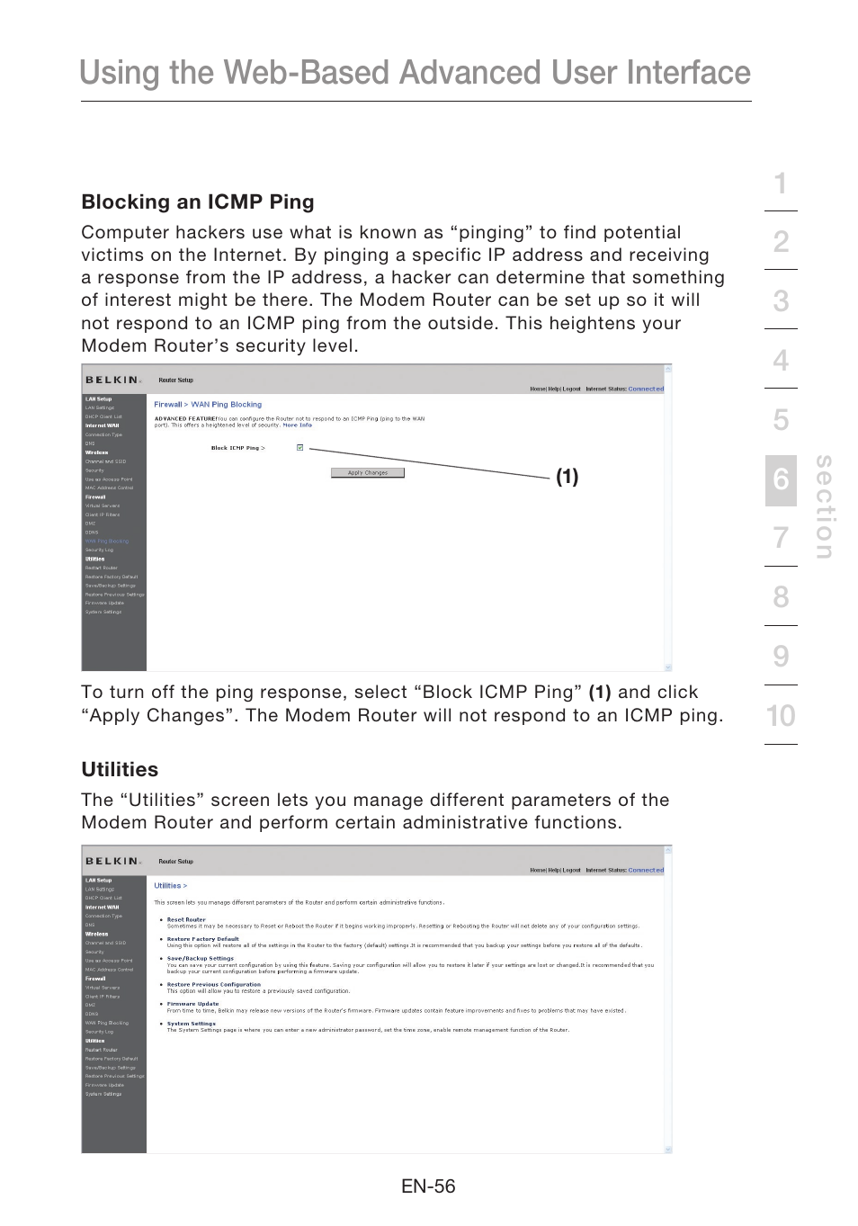 Using the web-based advanced user interface | Belkin N1 Wireless Modem Router F5D8631-4 User Manual | Page 58 / 102