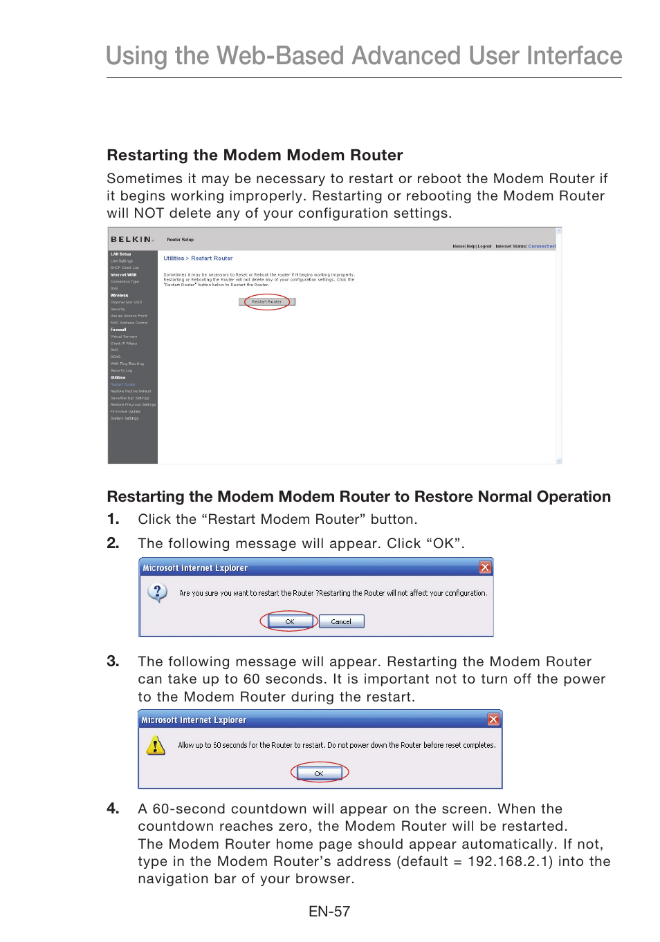 Using the web-based advanced user interface | Belkin N1 Wireless Modem Router F5D8631-4 User Manual | Page 59 / 102