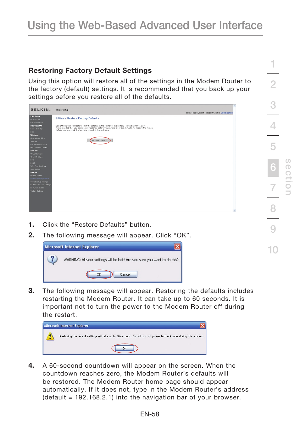 Using the web-based advanced user interface | Belkin N1 Wireless Modem Router F5D8631-4 User Manual | Page 60 / 102