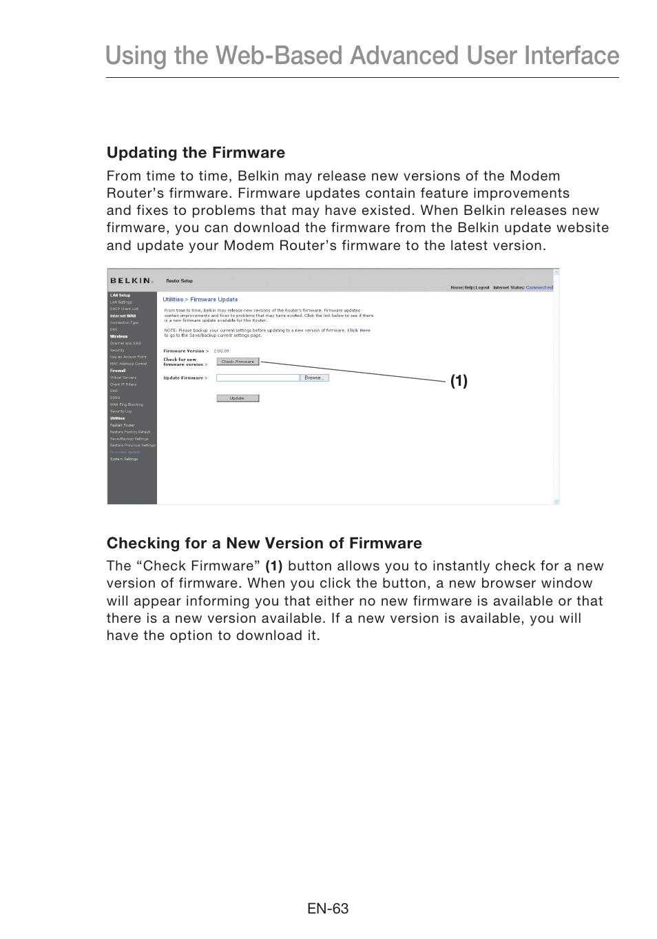 Using the web-based advanced user interface | Belkin N1 Wireless Modem Router F5D8631-4 User Manual | Page 65 / 102