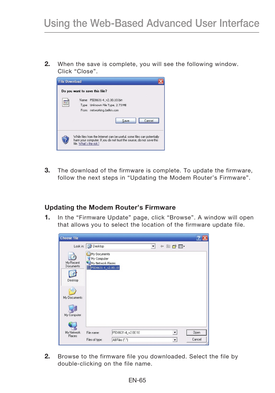 Using the web-based advanced user interface | Belkin N1 Wireless Modem Router F5D8631-4 User Manual | Page 67 / 102