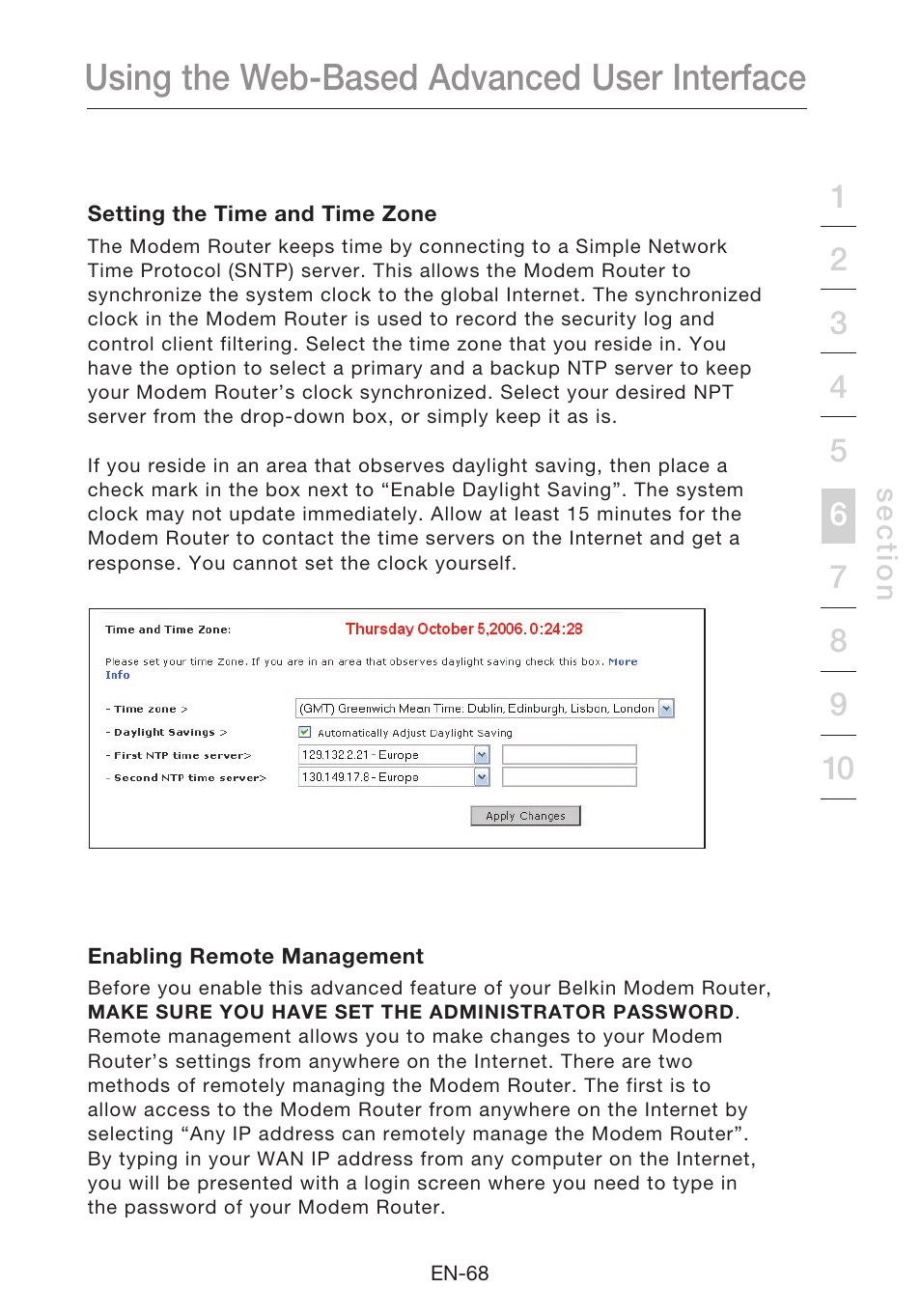 Using the web-based advanced user interface | Belkin N1 Wireless Modem Router F5D8631-4 User Manual | Page 70 / 102