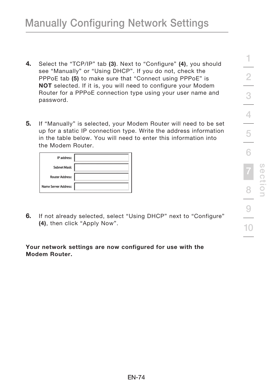 Manually configuring network settings | Belkin N1 Wireless Modem Router F5D8631-4 User Manual | Page 76 / 102