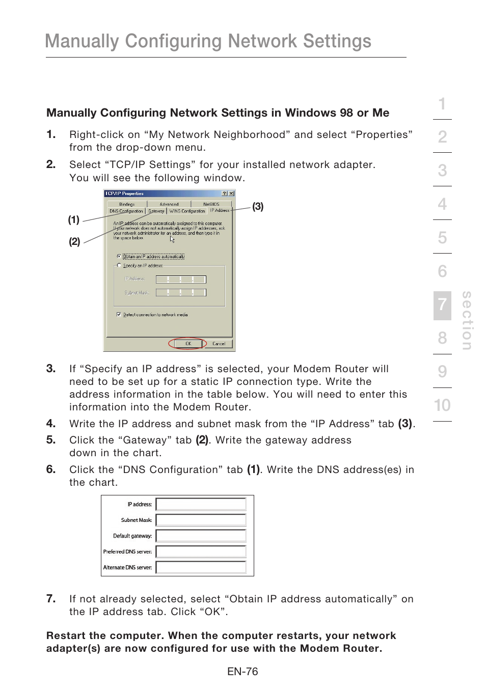 Manually configuring network settings, Se c tio n | Belkin N1 Wireless Modem Router F5D8631-4 User Manual | Page 78 / 102