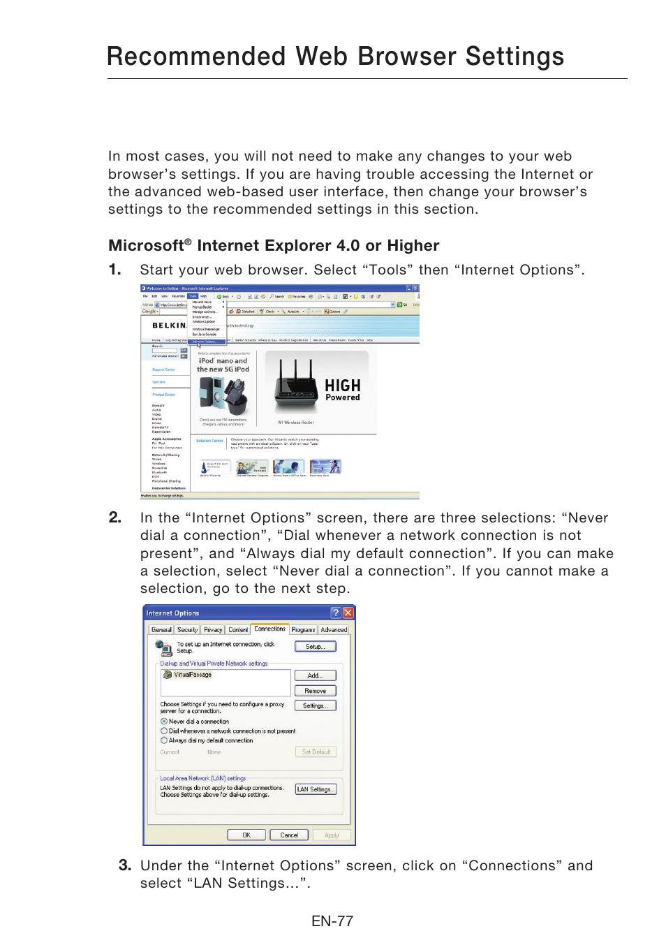 Recommended web browser settings | Belkin N1 Wireless Modem Router F5D8631-4 User Manual | Page 79 / 102