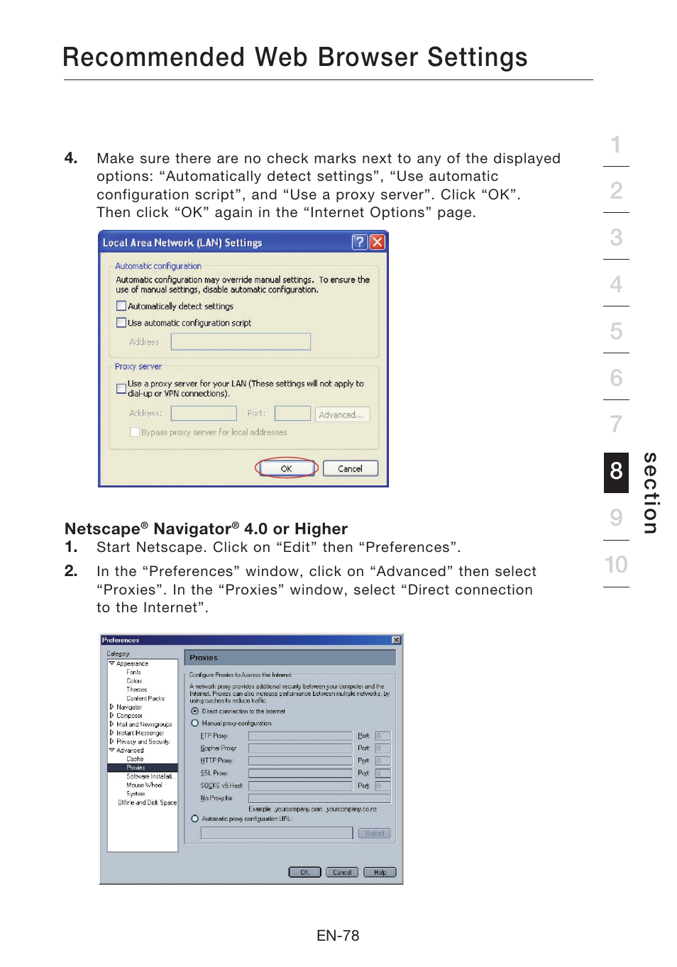 Recommended web browser settings, Se c tio n | Belkin N1 Wireless Modem Router F5D8631-4 User Manual | Page 80 / 102