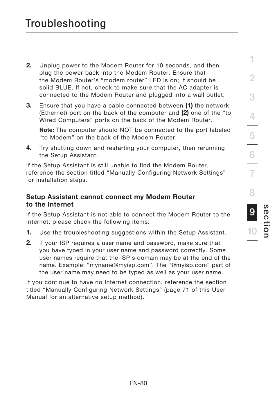 Troubleshooting, Se c tio n | Belkin N1 Wireless Modem Router F5D8631-4 User Manual | Page 82 / 102