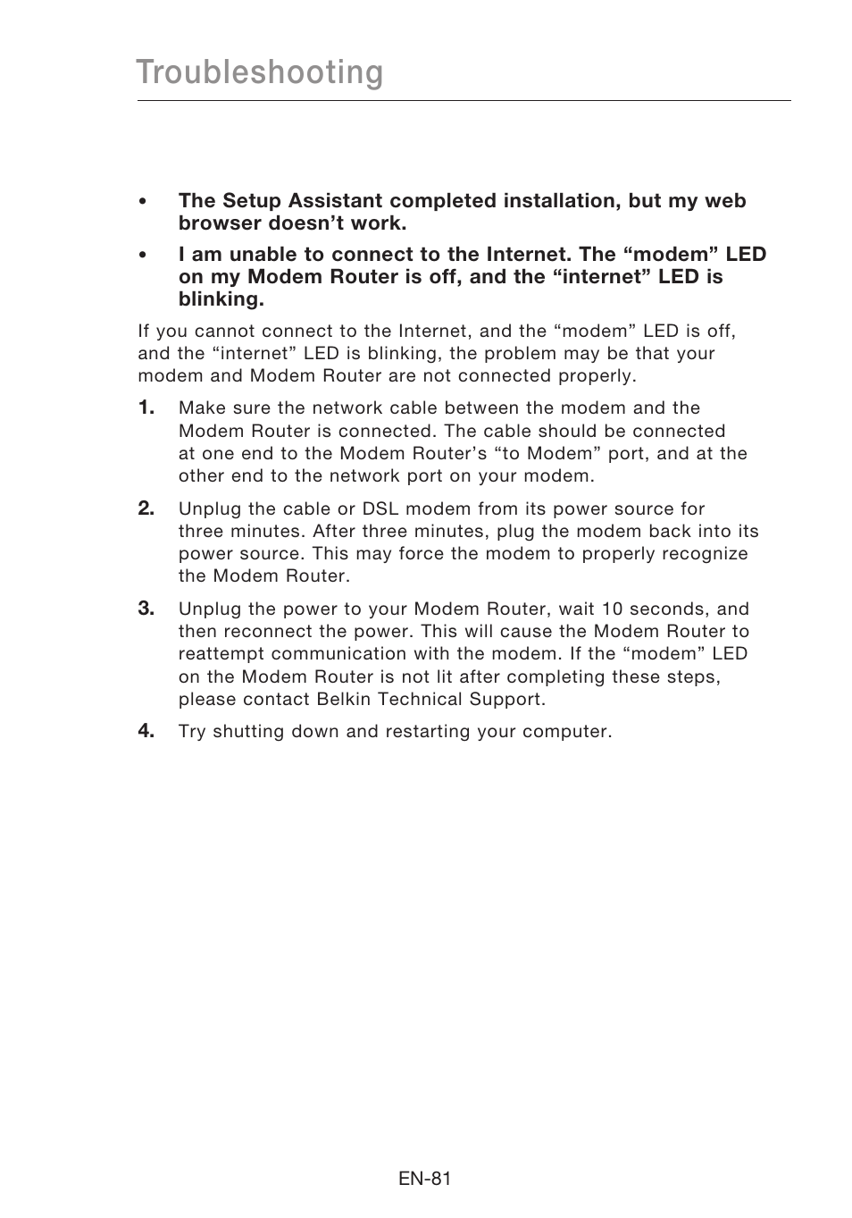 Troubleshooting | Belkin N1 Wireless Modem Router F5D8631-4 User Manual | Page 83 / 102