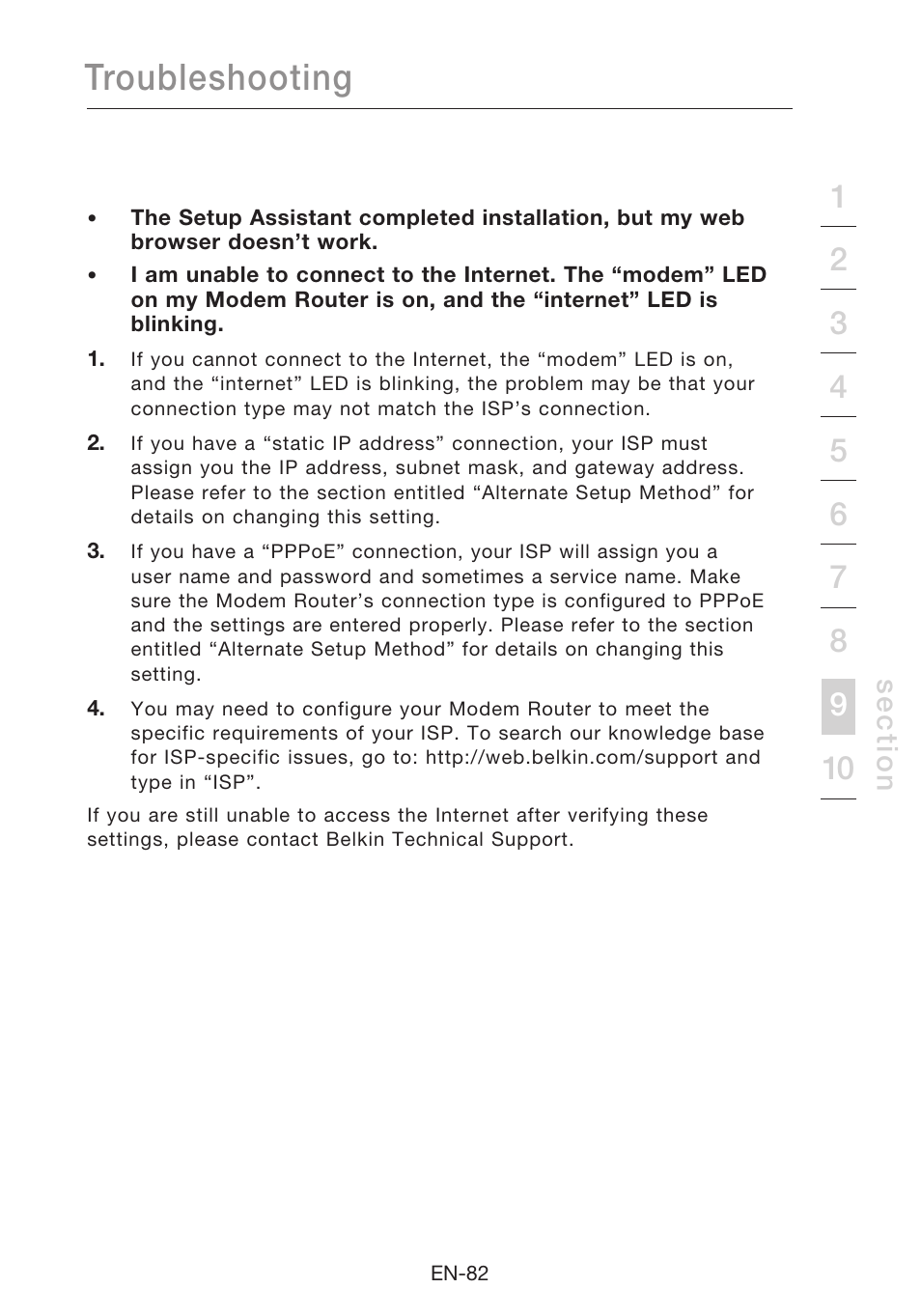 Troubleshooting, Se c tio n | Belkin N1 Wireless Modem Router F5D8631-4 User Manual | Page 84 / 102