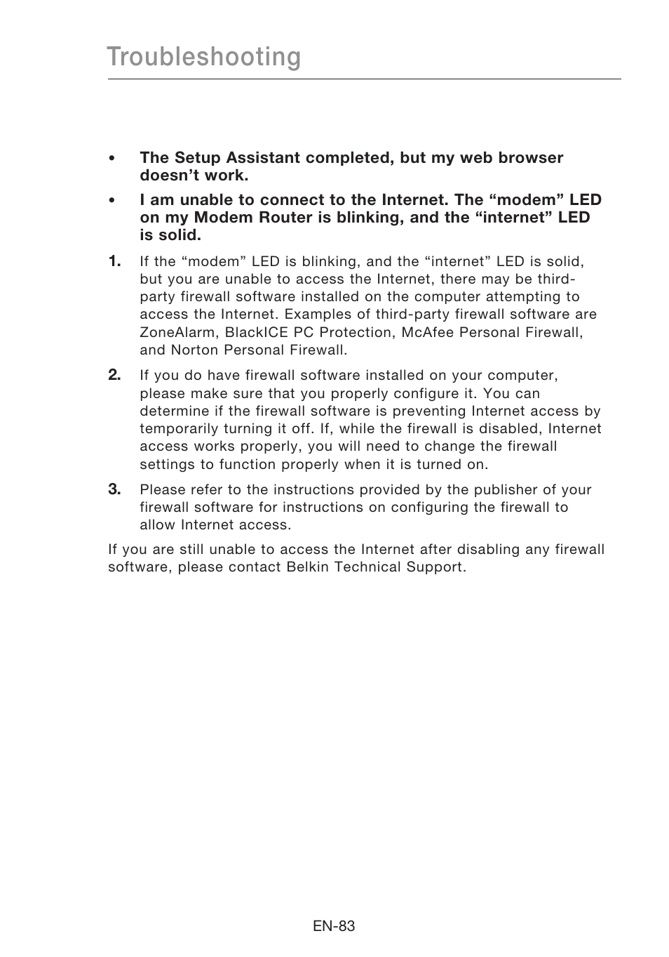 Troubleshooting | Belkin N1 Wireless Modem Router F5D8631-4 User Manual | Page 85 / 102