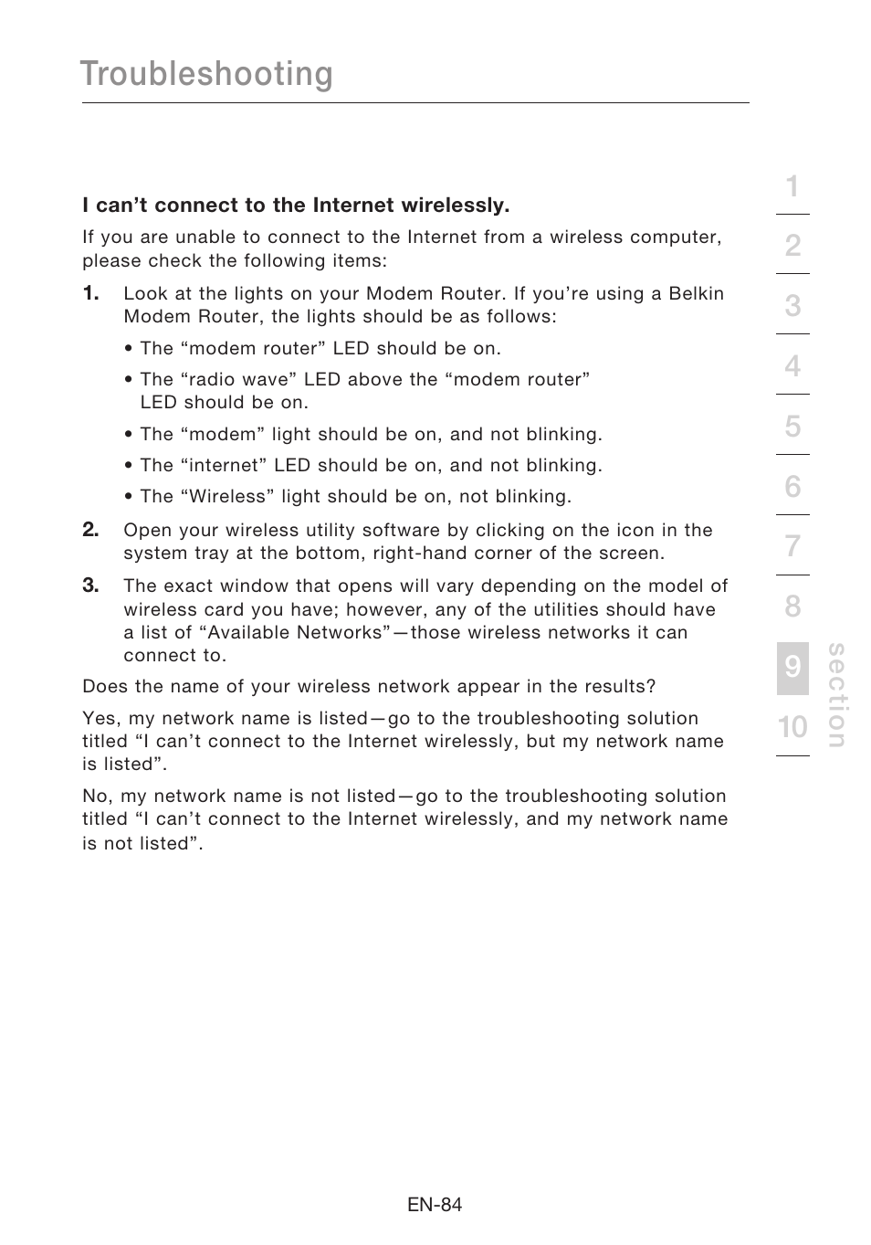 Troubleshooting, Se c tio n | Belkin N1 Wireless Modem Router F5D8631-4 User Manual | Page 86 / 102