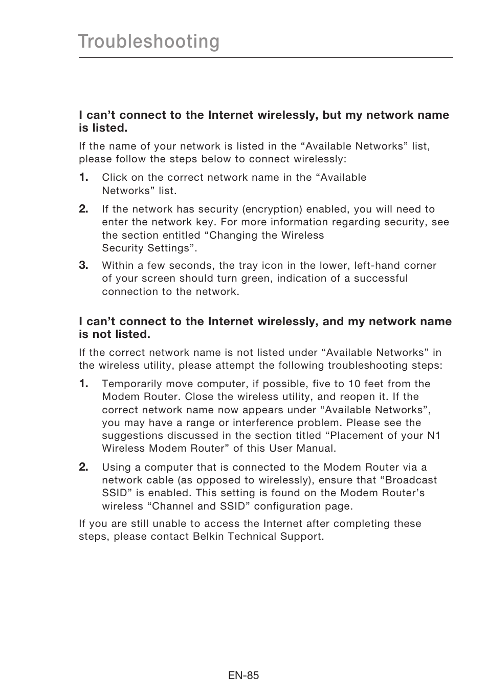 Troubleshooting | Belkin N1 Wireless Modem Router F5D8631-4 User Manual | Page 87 / 102