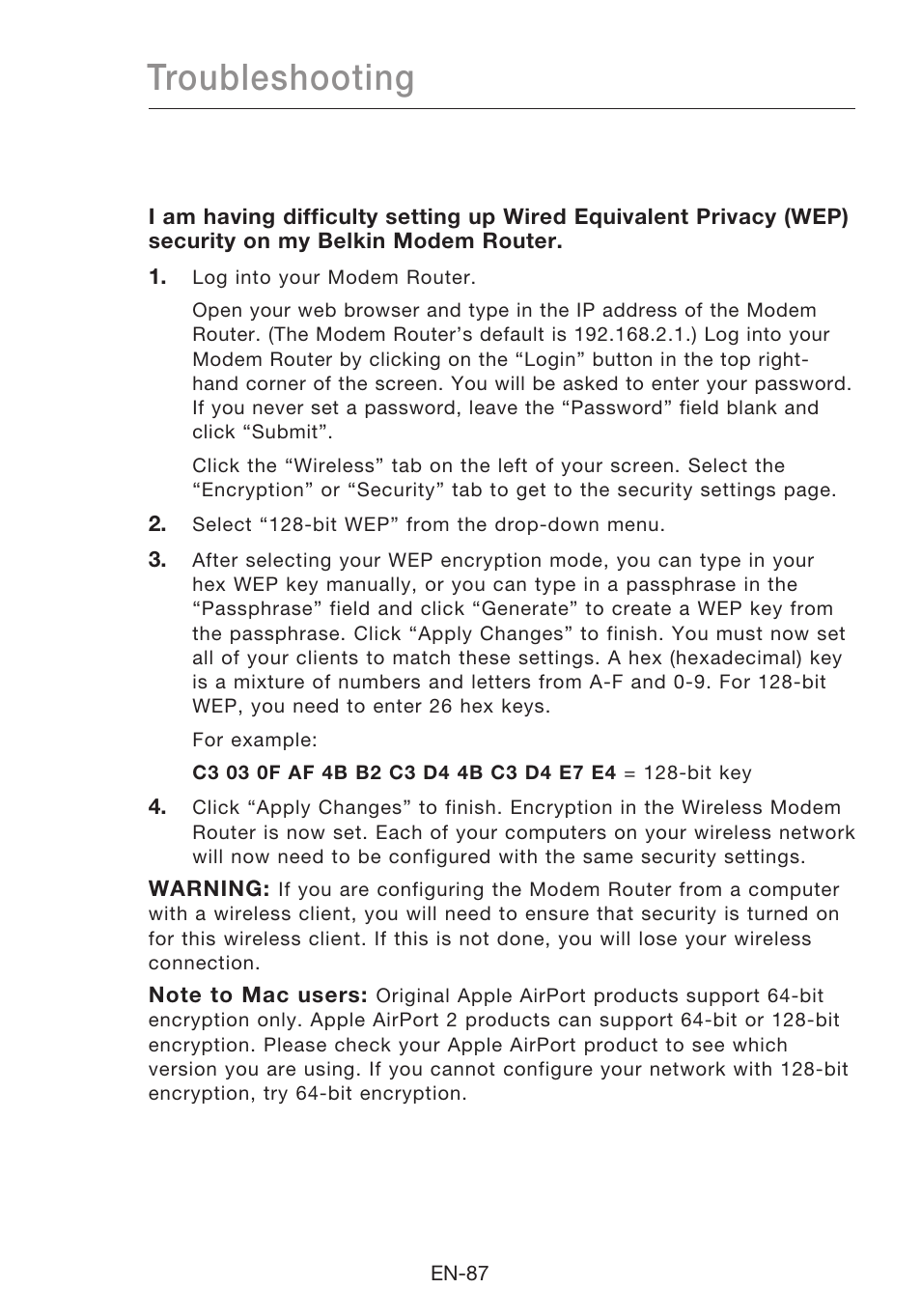 Troubleshooting | Belkin N1 Wireless Modem Router F5D8631-4 User Manual | Page 89 / 102