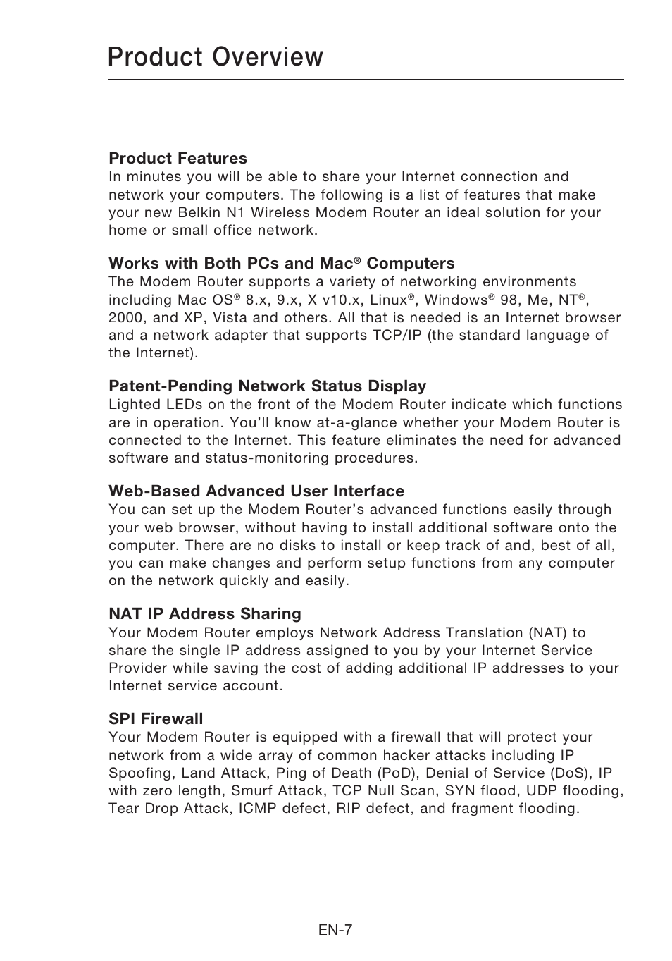 Product overview | Belkin N1 Wireless Modem Router F5D8631-4 User Manual | Page 9 / 102