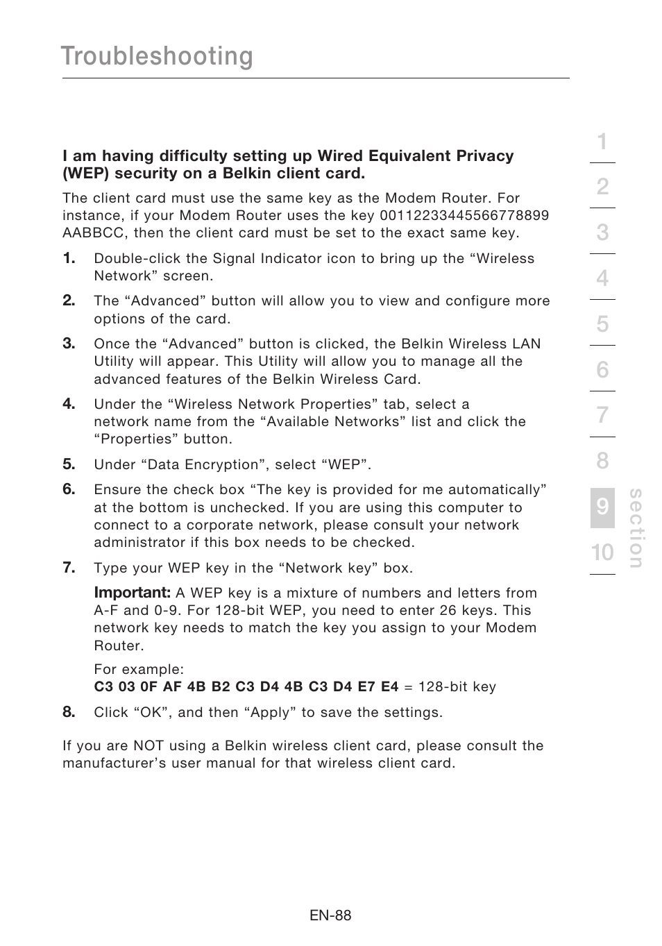 Troubleshooting, Se c tio n | Belkin N1 Wireless Modem Router F5D8631-4 User Manual | Page 90 / 102