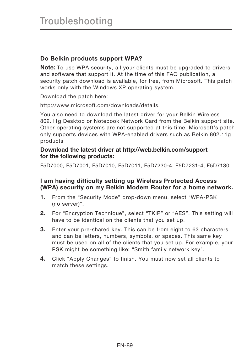 Troubleshooting | Belkin N1 Wireless Modem Router F5D8631-4 User Manual | Page 91 / 102