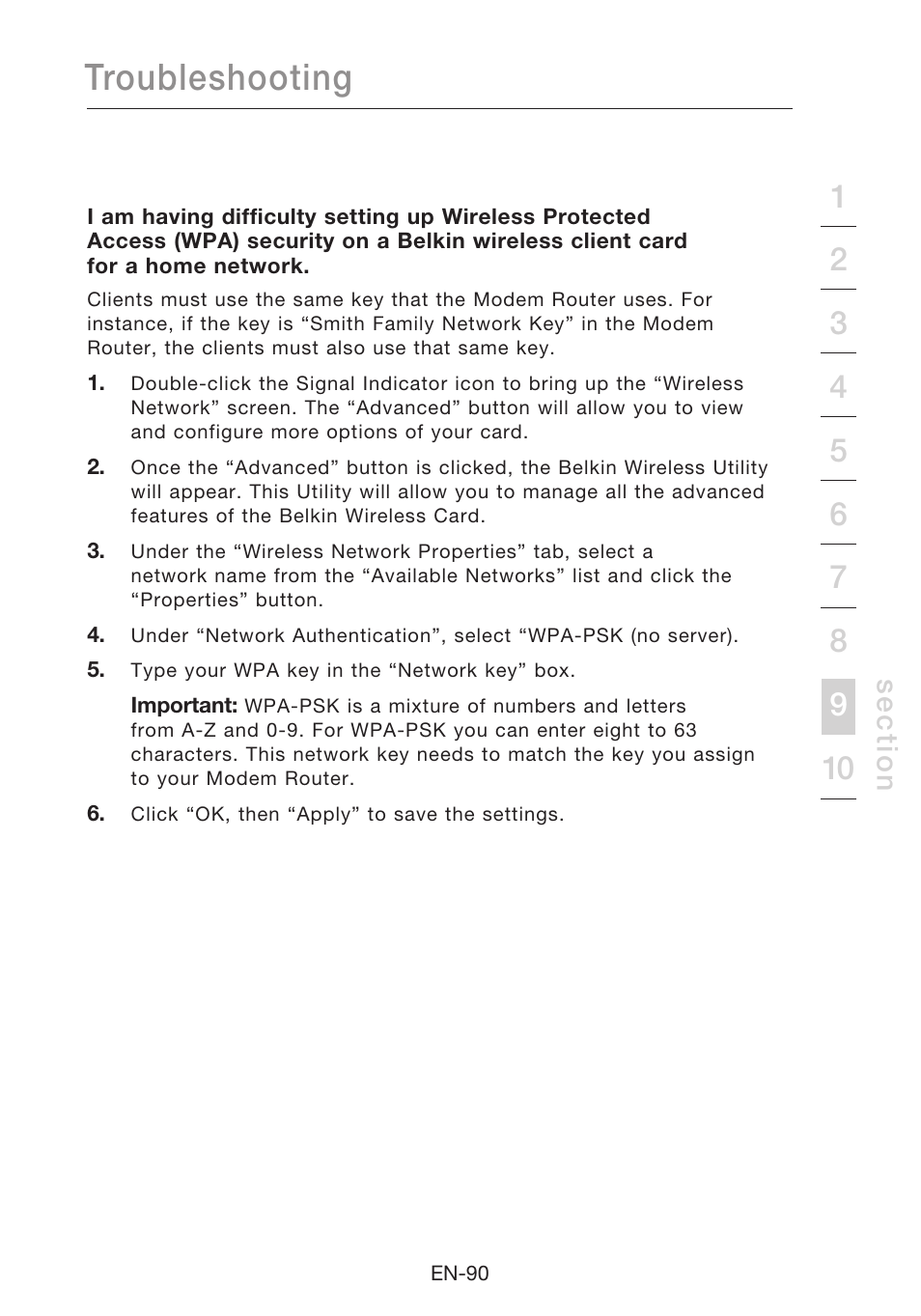 Troubleshooting, Se c tio n | Belkin N1 Wireless Modem Router F5D8631-4 User Manual | Page 92 / 102